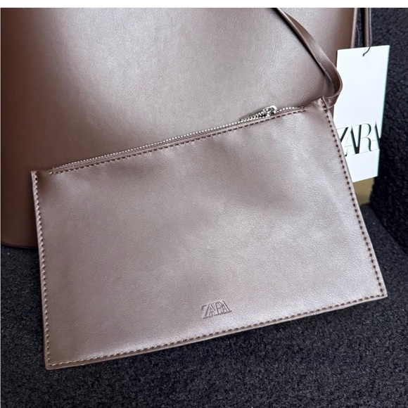 Zara brown tote bag asymmetric detail leather shoulder bag purse suede interior - Picture 3 of 6